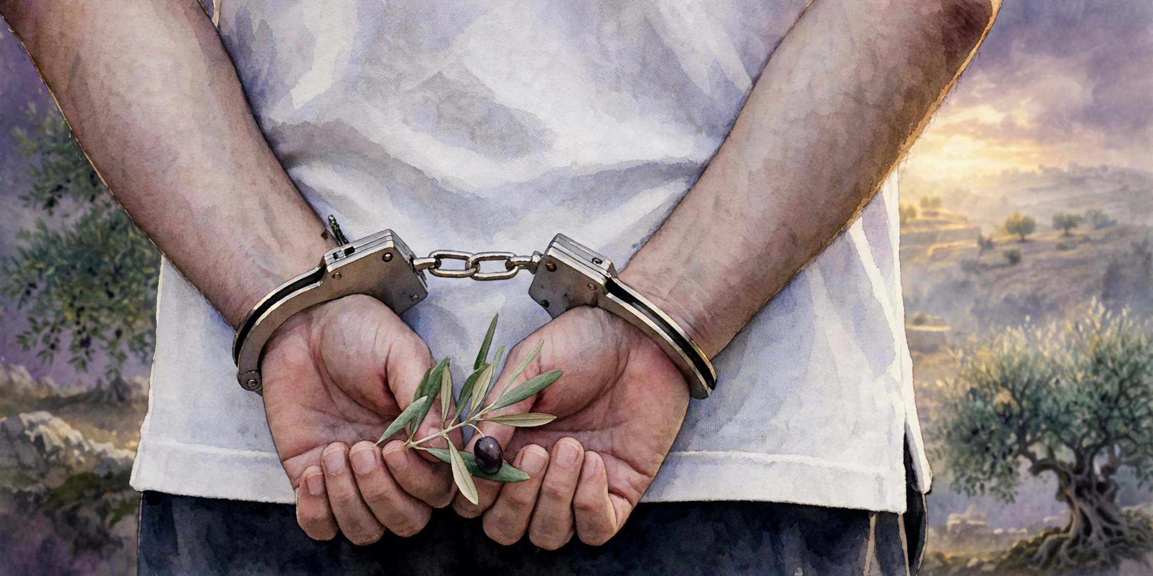 A man&rsquo;s hands, cuffed behind his back, holding a small olive branch, with an olive grove behind him
