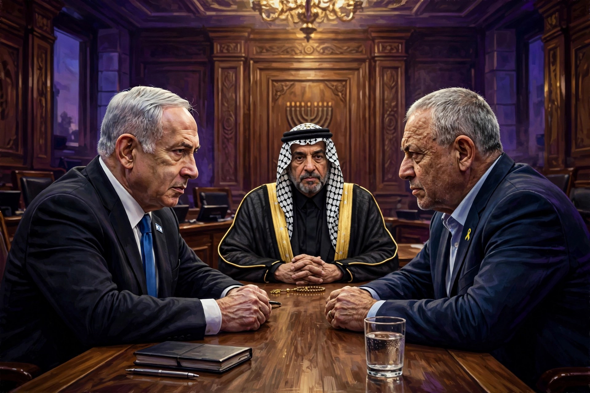 Netanyahu and Eisenkot stare each other down across a table, with an Arab leader seated between them