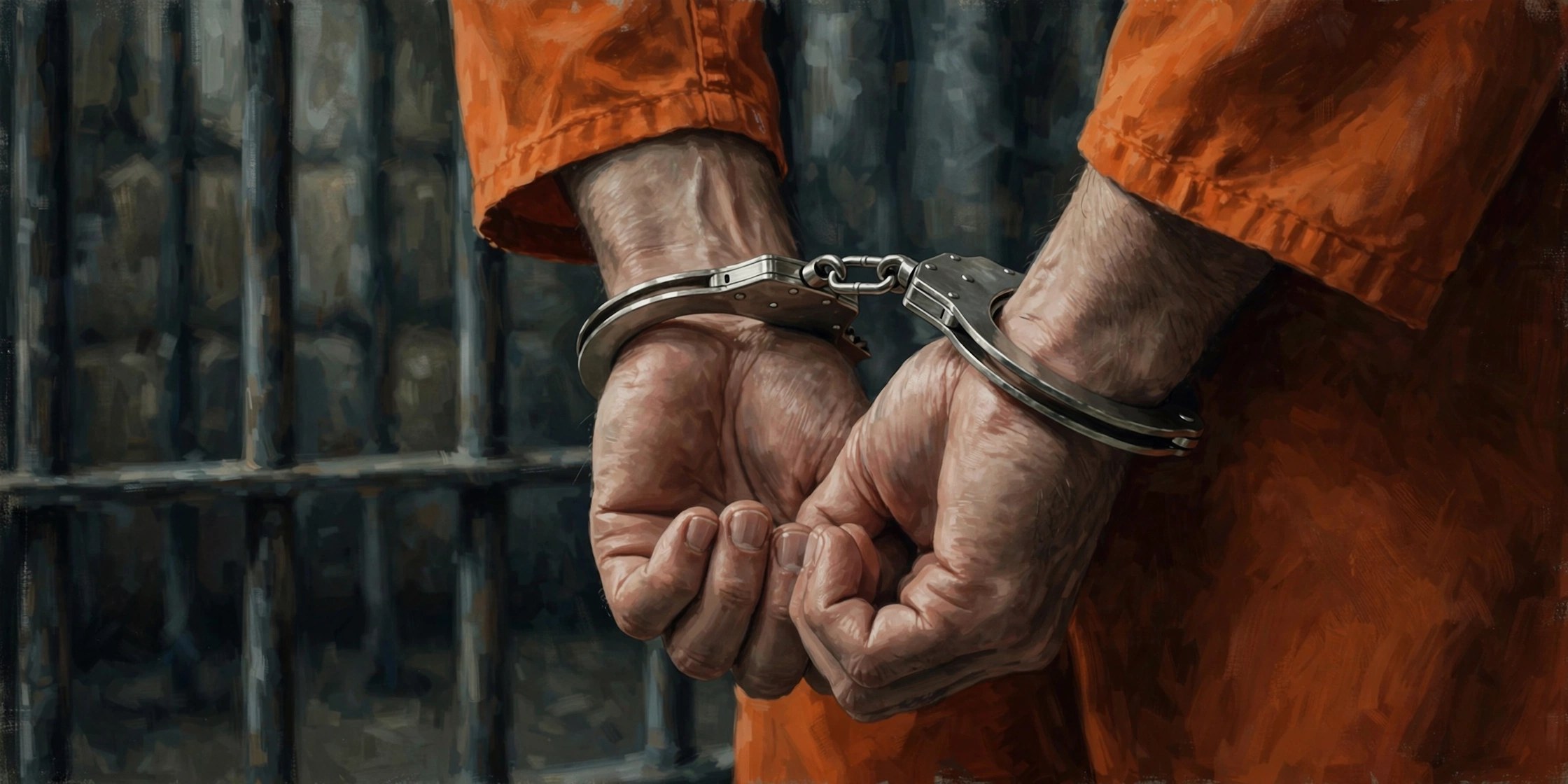 Handcuffed hands in an orange prison jumpsuit against prison bars