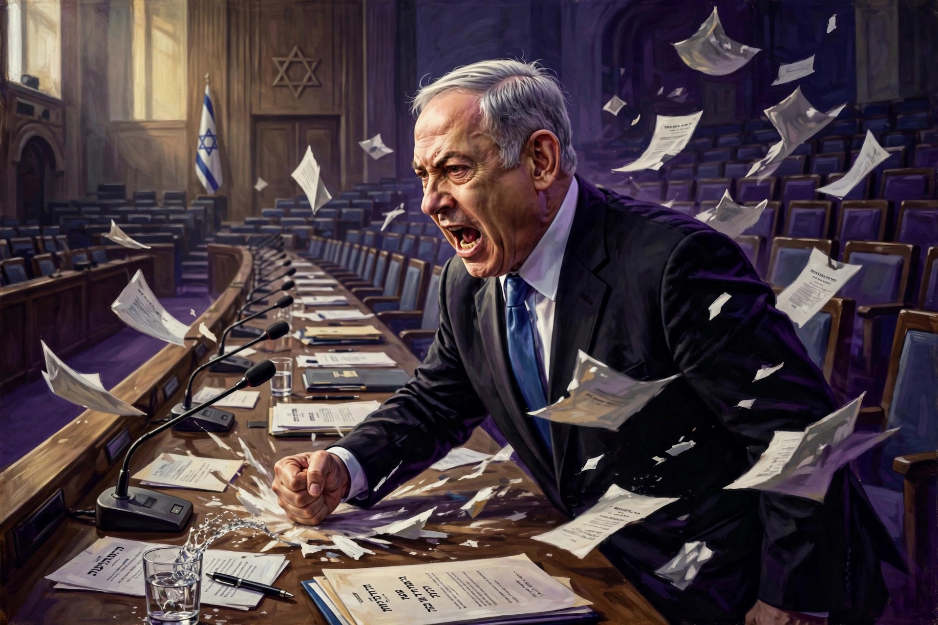 Illustration of Benjamin Netanyahu shouting and slamming his fist on a Knesset table, papers flying